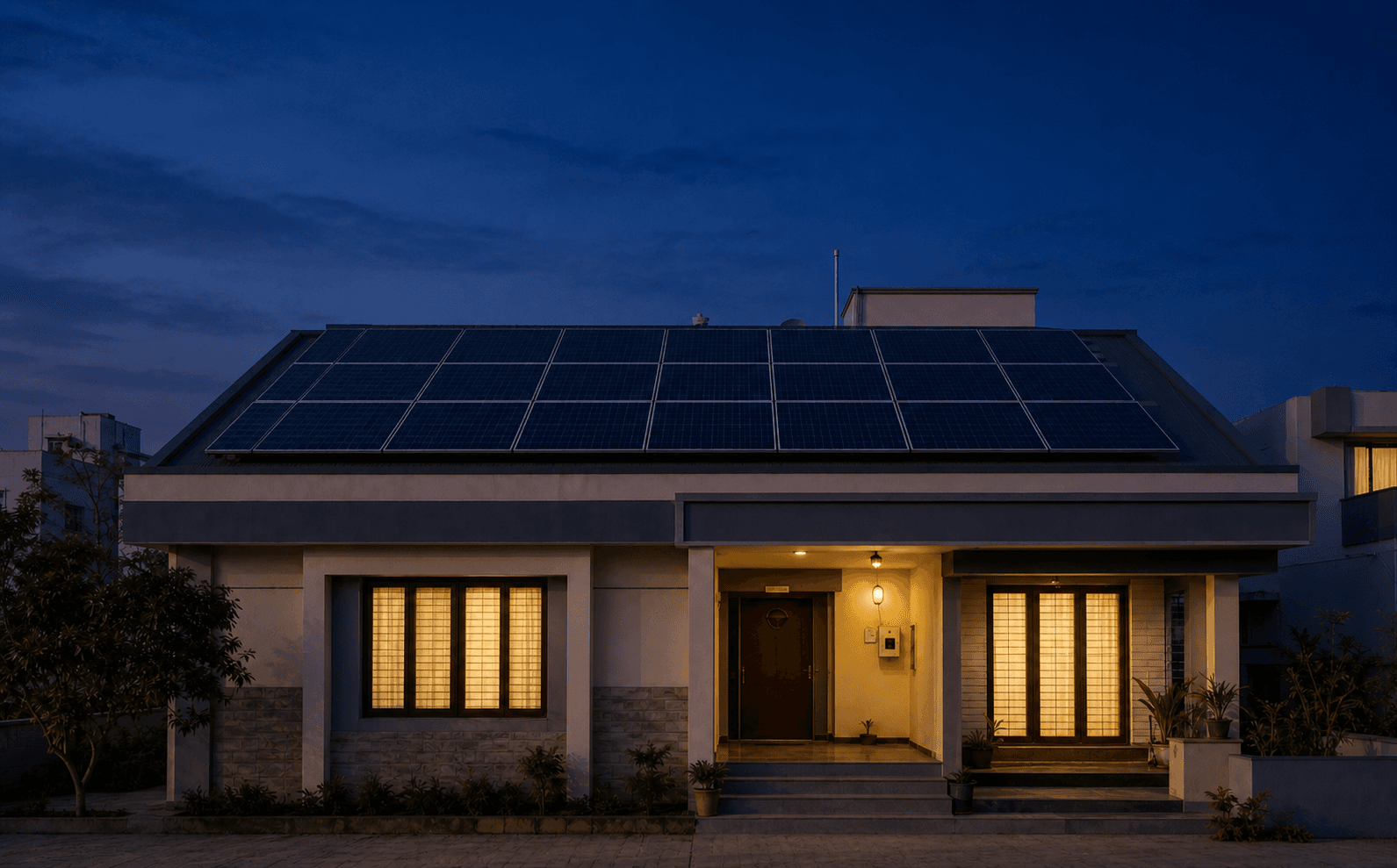 The same residential home after sunset with its windows illuminated